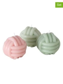 3er-Set: Stumpenkerzen "Knot" In Rosa/ Mint - 3x 170 G