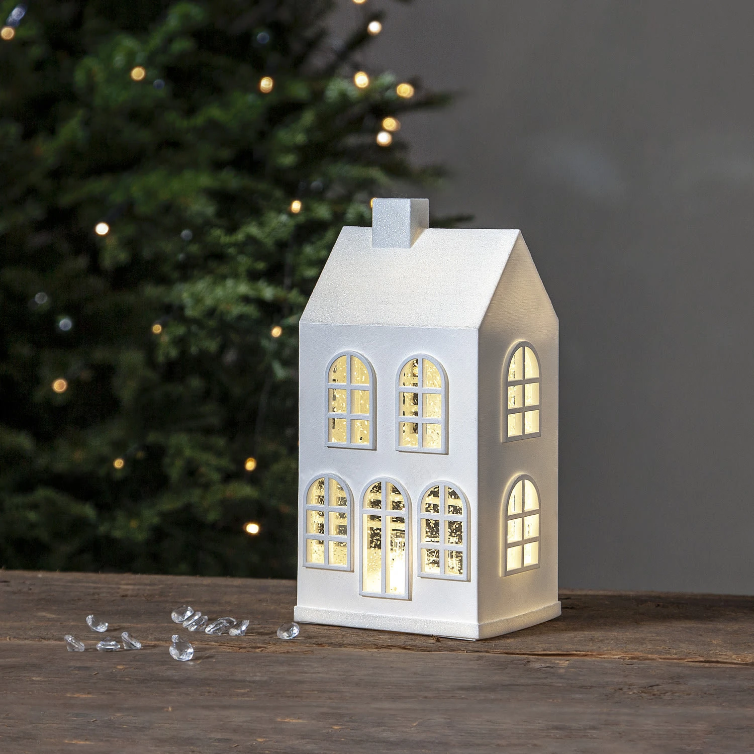 LED Haus Lichthauts Wasserlaterne Beleuchtet H: 22,5cm In Weiß 4 LED Haus Lichthauts Wasserlaterne Beleuchtet H: 22,5cm In Weiß – Bild 2