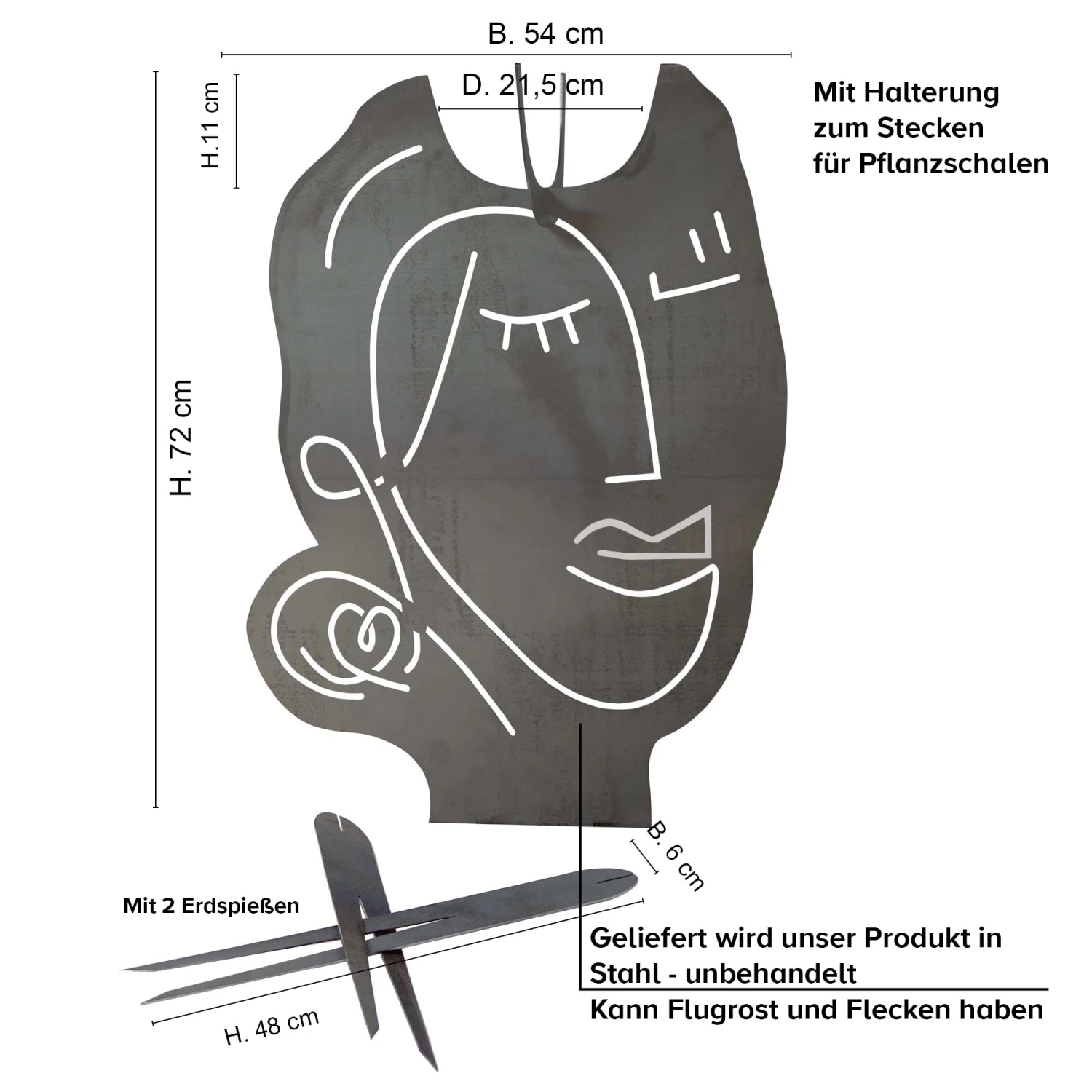 Gartenstecker Abstraktes Gesicht Frau Mit Pflanzschalenhalter In Silber 4 Gartenstecker Abstraktes Gesicht Frau Mit Pflanzschalenhalter In Silber – Bild 2