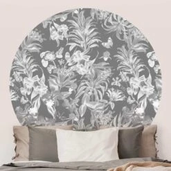 Runde Tapete - Tropische Blumen Vor Grau In Schwarz-Weiß 12 Runde Tapete - Tropische Blumen Vor Grau In Schwarz-Weiß -Heimdekoration wallart runde tapete tropische blumen vor grau in schwarz weiss 2