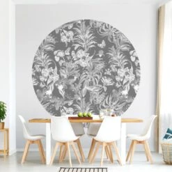 Runde Tapete - Tropische Blumen Vor Grau In Schwarz-Weiß 13 Runde Tapete - Tropische Blumen Vor Grau In Schwarz-Weiß -Heimdekoration wallart runde tapete tropische blumen vor grau in schwarz weiss 3