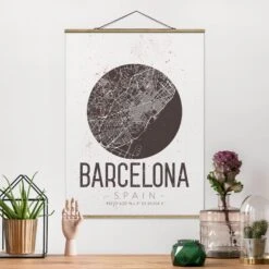 Stoffbild Mit Posterleisten - Stadtplan Barcelona - Retro In Braun -Heimdekoration wallart stoffbild mit posterleisten stadtplan barcelona retro in braun 1