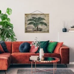 Stoffbild - Vintage Collage Palme Und Weltkarte In Grün -Heimdekoration wallart stoffbild vintage collage palme und weltkarte in grun 2