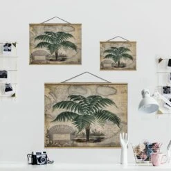 Stoffbild - Vintage Collage Palme Und Weltkarte In Grün -Heimdekoration wallart stoffbild vintage collage palme und weltkarte in grun 6