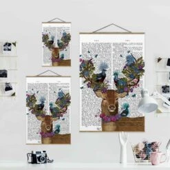 Stoffbild - Vogelfänger - Hirsch Mit Tauben In Bunt -Heimdekoration wallart stoffbild vogelfanger hirsch mit tauben in bunt 6